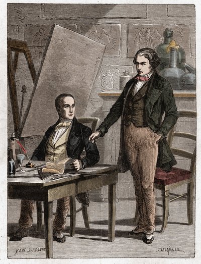 Niepce läser för Louis Daguerre lbeskrivningen av heliografi, för fixering av bilder från camera obscura - Nicephore Niepce (1765-1833), fransk uppfinnare, fotografisk pionjär som läser för Daguerre beskrivningen av hans metod för fixering av i av Unknown artist