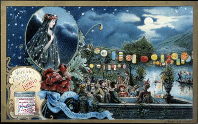 Natt, nattfest upplyst med lyktor, nära en sjö - Liebig-kromolitografi av Unknown artist