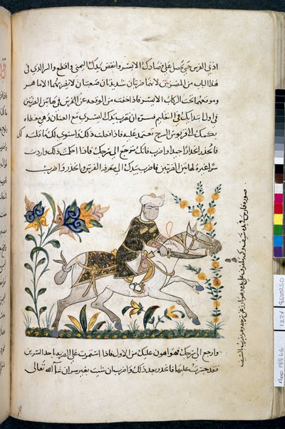 Nihāyat al-suʾl wa-al-umnīyah fī taʿlīm al-furūsīyah, Add MS 18866, f.122v, c.1371 (bläck & pigment på papper) av Unknown artist