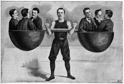 Nino ung italiensk 24-åring på vintercirkusen med sex män i armen. Från ett foto från 1898. av Unknown artist