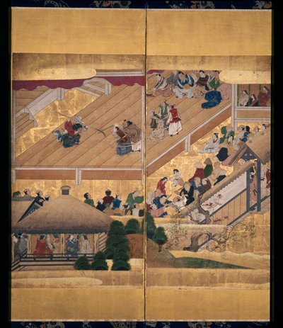 Noh Play: Funa Benkei (bläck, färger och guld på papper, skärm med sex paneler) av Unknown artist