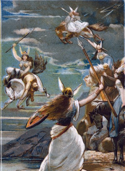 Nordisk mytologi: Walkyrierna (jungfrukrigare) i Valholl (eller Walhalla, Valhalla, Valhalle: plats dit tappra krigare förs) och krigares fall i strid. kromolitografi från 1800-talet av Unknown artist