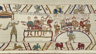 Normandiska tjänare förbereder en bankett för William och biskop Odo välsignar måltiden, Bayeux Tapestry (ullbroderi på linne) av Unknown artist