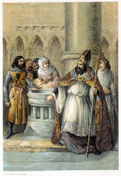 Notger (930 - 1008), eveque av Liege, under dopet av Otton III (980-1002), kung av Tyskland. Kromolitografi av 1800-talet. av Unknown artist