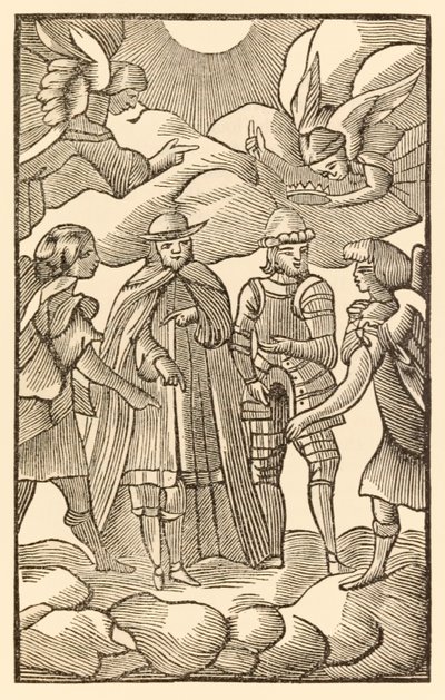 Se nu hur de heliga pilgrimerna rider, moln är deras vagnar, änglar är deras guide från Pilgrimernas framsteg från denna värld, till det som ska komma av John Bunyan (1628-1688) Christian an av Unknown