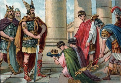 Odoacre (Odovacar, 435-493), hövding för Herulerna, tvingar att abdikera Romulus Augustule, på latin Flavius Romulus Augustus (eller Romulus Augustulus (i den). Romolo Augustolo), omkring 460 - 511), den siste romerske kejsaren av väster i 476. Kromolitogr av Unknown artist