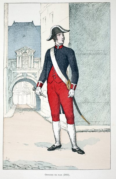Fredsofficer (1802). Etsning i färger, för illustration "" History of the Corps of Peacekeepers""" bok publicerad under beskydd av Louis Lepine (1846-1933), prefekt för polisen på Seine, av Alfred Rey (1864-?) och Louis Feron (1862) -?), av Unknown artist
