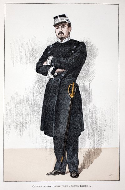 Fredsofficer, Small Second Empire Dress (1852-1870). Färgetsning, för illustration "History of the Corps of Peacekeepers""" bok publicerad under beskydd av Louis Lepine (1846-1933), prefekt för polisen på Seine, av Alfred Rey (186) av Unknown artist
