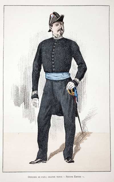 Fredsofficer, stora andra imperiet (1852-1870). Etsning i färger, för illustration "History of the Corps of Peacekeepers""" bok publicerad under beskydd av Louis Lepine (1846-1933), prefekt för polisen på Seine, av Alfred Rey (1864- av Unknown artist