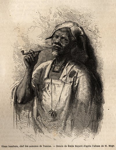 Gamle Bambara, stamhövding i Yamina (Niger) som röker pipa och bär det traditionella överdraget för sin stam. Gravyr för att illustrera resan till västra Sudan av löjtnant (marinen) M. Mage, 1863-1866, publicerad i "Le tour du monde, nouveau jour av Unknown artist