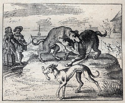 Gammalt engelskt ordspråk: två hundar strävar efter ett ben och den tredje tar bort det av Unknown artist