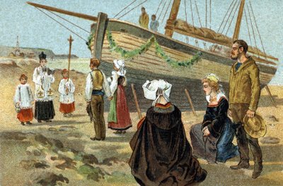Gammal sed som firas i regionen Bretagne: dop av en fiskebåt. Kromolitografi från slutet av 1800-talet. av Unknown artist