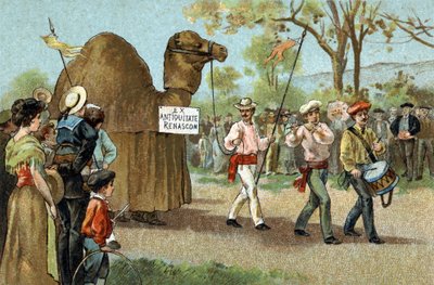 Gammal sed som firas i Languedoc-regionen: Kamelvandringen på Sankt Afrodites dag. Kromolitografi från slutet av 1800-talet. av Unknown artist
