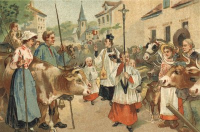 Gammal sed som firas i regionen Nivernais: hjordarnas välsignelse. Kromolitografi från slutet av 1800-talet. av Unknown artist