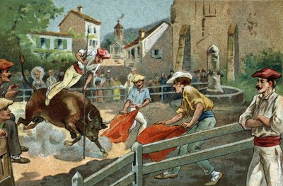 Gammal sed som firas i regionen Biscaya: Landaise tävlar i en by. Kromolitografi från slutet av 1800-talet. av Unknown artist