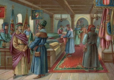 Gamla köpcentrum: linnehall i Brygge, Belgien på 1400-talet. Kromolitografi från slutet av 1800-talet av Unknown artist