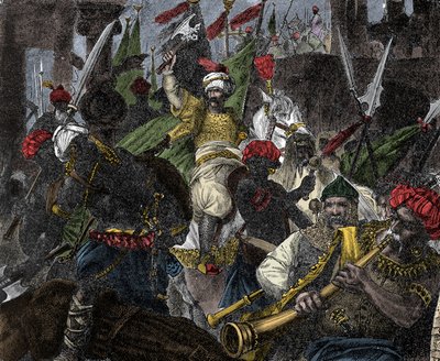 Den 29 maj 1453, stormning av Konstantinopel av Muhammed II, sultan av Osmanska riket - Erövring av Konstantinopel: armén av den osmanska sultanen Mehmet II (Mehmed II erövraren eller Muhammad II Fatih) (1430-1481) belägrade staden i Konstantinopel 1 av Unknown artist