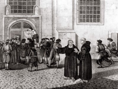 Den 31/10/1517 satte Luther upp på portarna till Wittenbergs slott sina 95 teser "" som fördömde försäljningen av avlatsbrev och som markerade början av reformationen - grav. av Unknown artist
