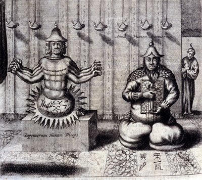 Till vänster har hinduisk gudom åtta armar, till höger Amida, japansk Buddha. "De China Monumenta" av Athanasius Kircher (1601 - 1680), jesuit, orientalist och tysk forskare, Amsterdam 1667. av Unknown artist