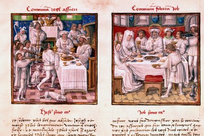 Till vänster festen Assuerus 1:a (Xerxes 1:a). Till höger, Jobs barns högtid. Miniatyr från manuskriptet "" Le Miroir de l
