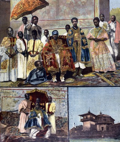 På toppen är Impress Taitou från Etiopien, fru till Menelik II och hans uppföljare. Nedre vänster är hans dotter, den blivande drottningen Zaouditou (1876 - 1930). Till höger, det kejserliga palatset Ghebi i Addis Abeba. Ill. för sent 1800-talspress. av Unknown artist