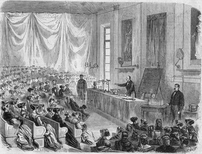 Invigning av kurser för unga flickor på Sorbonne 1867. Gravyr från teckningen av Mr. Lix av Unknown artist