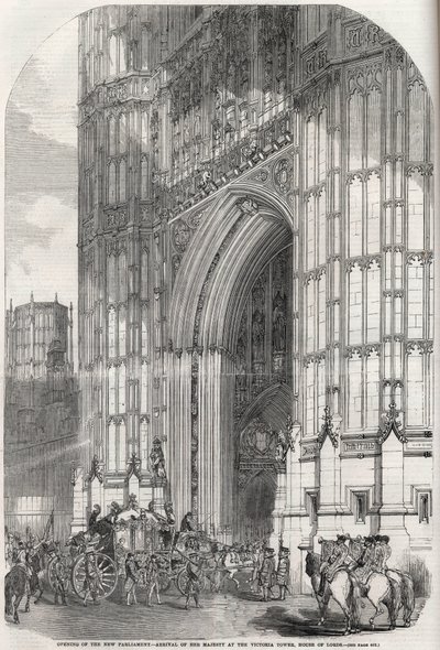 Öppnande av det nya parlamentet - hennes majestäts ankomst till Victoria-tornet, House of Lords 1852 av Unknown artist