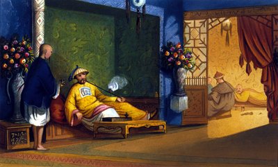 Opiumfumeri i Kina, gravyr omkring 1830. av Unknown artist