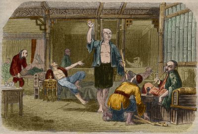 Opiumrökare i Kina i mitten av 1800-talet. Gravyr från 1857 i "" Le Musee Des Sciences"" av Unknown artist