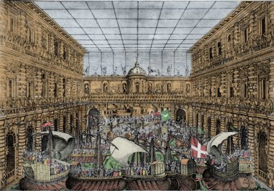 Orazio Scarabelli, Naval Battle Show (naumachia) reser sig på gården till Palazzo Pitti i Florens (Royal Palace of the Medici family, Grand Dukes of Toscana) Naumachia på gården av Palazzo Pitti, Florens av Unknown artist