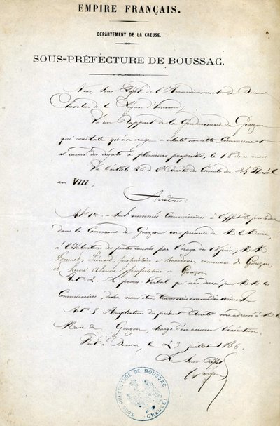 Order från underprefekturen Creuse (Arrondissement of Boussac) den 23 juli av Unknown artist