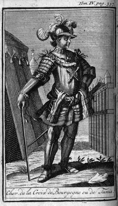 Ridderorden. Riddare av korset av Bourgogne eller Tunis. I "" Historia om militära order eller riddare, om de säkra och rutinmässiga miliserna av båda könen, som har etablerats hittills. Upplagan hämtad från Abbe Giustiniani, R.P.Bonani, M. Herman, Sch av Unknown artist