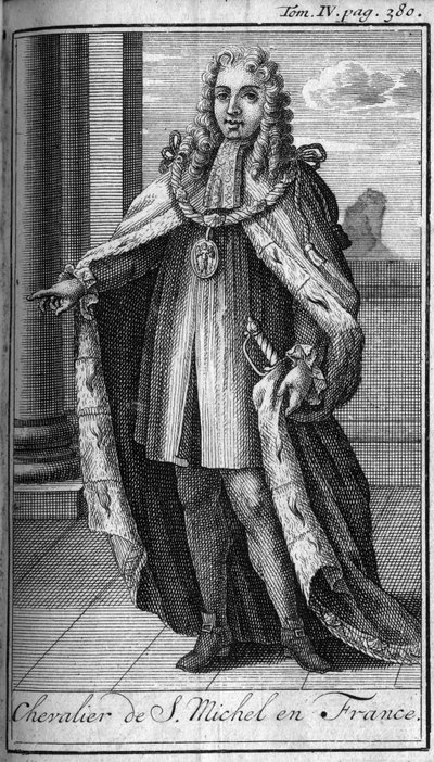 Orden av riddare.Chevalier de Saint Michel i Frankrike på 1400-talet. I "" Historia om militära ordrar eller riddare, om seculieres och stamgäster miliser av båda könen, som har etablerats hittills. Upplagan hämtad från Abbe Giustiniani, R.P.Bonan av Unknown artist