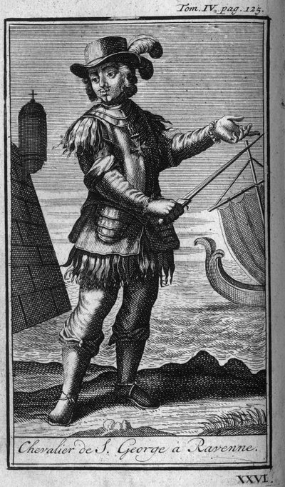 Orden av riddare. Riddare av St. George till Ravenna (Ravenna) i Italien på 1500-talet. I "" Historia om militära order eller riddare, om de säkra och rutinmässiga miliserna av båda könen, som har etablerats fram till idag. Upplagan hämtad från Abbe G av Unknown artist