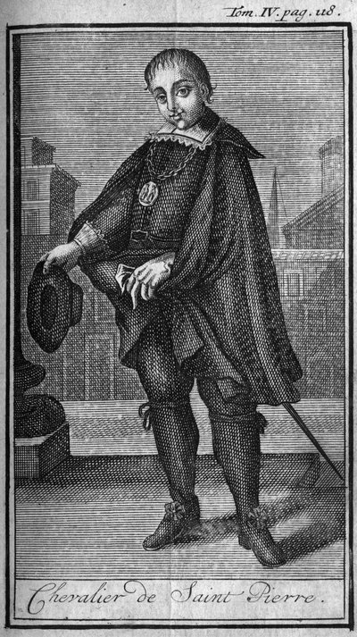 Knight.Knight of St. Peter (San Pietro) i Rom på 1400-talet. I "" Historia om militära order eller riddare, om de säkra och rutinmässiga miliserna av båda könen, som har etablerats fram till idag. Upplagan hämtad från Abbe Giustiniani, av Unknown artist