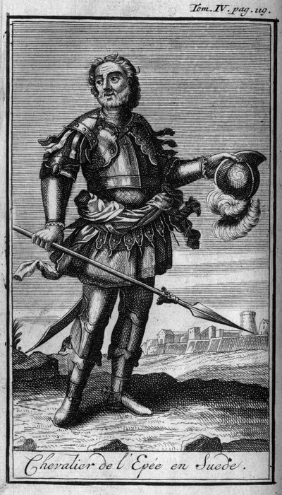 Riddarorden. Svärdsriddare i Sverige på 1500-talet. I "" Historia om militära order eller riddare, om de säkra och rutinmässiga miliserna av båda könen, som har etablerats fram till nu. Upplagan hämtad från Abbe Giustiniani, R.P.Bonani, M. Her av Unknown artist