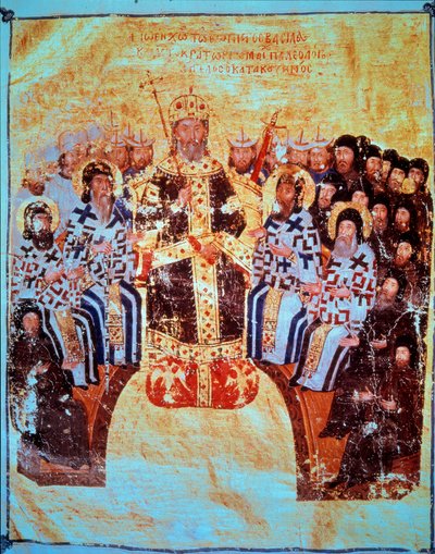 Ortodox religion: "" Den bysantinske kejsaren Johannes VI Cantacuzene (1293-1354) som presiderar över rådet i Konstantinopel den 18/05/1351"" Miniatyr hämtad från "" Theological Works"" 1370-1375 Paris, B.N. av Unknown artist