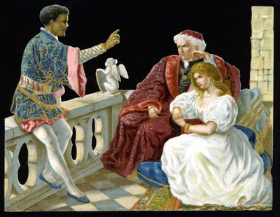 Othello, Desdemona och Iago - i Othello or the Moor of Venice”” av Shakespeare (1604). Kromolitografi från 1800-talet." av Unknown artist