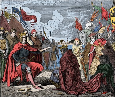 Ottokar II (1230-1278) hyllning till Rudolf I - Ottokar II (1233-1278) kung av Boheme, hyllar Rodolf I av det heliga riket (eller Rodolf IV av Habsburg) (1218-1291), efter slaget vid Marchfeld , år 1278 - av Unknown artist
