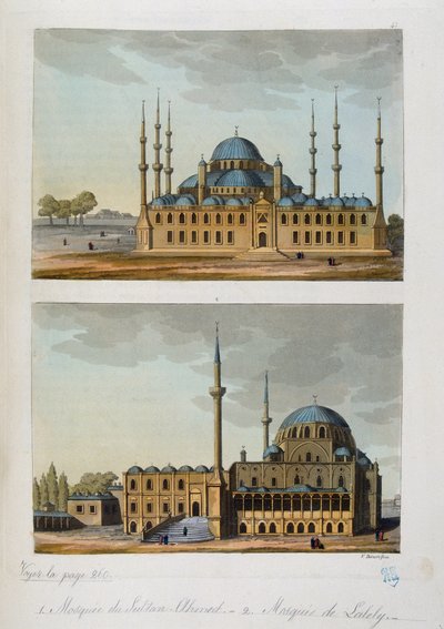Osmanska riket: Blå moskén (eller Sultanahmet Camii) byggd av Sultan Ahmet (Ahmed) I och moskén av Laleli i Istanbul - i "" Den antika och moderna kostymen""" av Ferrario, ed Milan av Unknown artist
