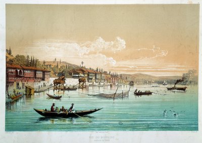Osmanska riket: "" utsikt över Bosporen i närheten av Bebek i Turkiet"" Fiskescener. Gravyr av 1800-talets Paris, Dekorativ konst av Unknown artist