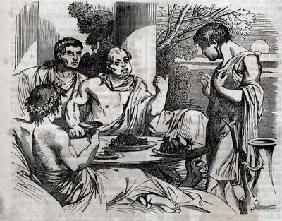 Utomhus bankettscen - Vitellius (Aulus Vitellius Germanicus Imperator Augustus) Romersk kejsare (15-69) ger en fest - gravering i "" The Universal Health - Medical Guide for Families"" 1852 av Unknown artist