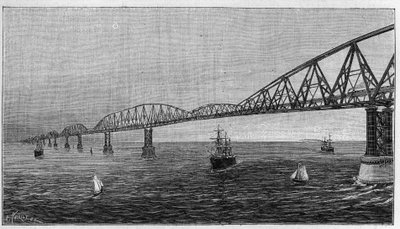 Översikt över bron över kanalen, projekt av en bro som korsar kanalen för att förbinda Frankrike med England. Gravyr i "" La Nature. Revue des sciences et de ses applications aux arts et a l