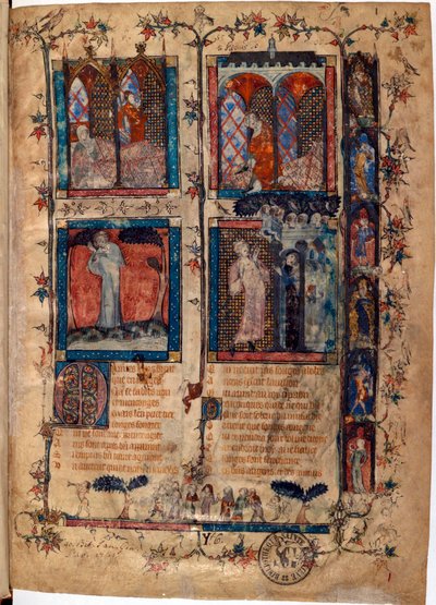 Upplyst sida hämtad från manuskriptet ""Le Roman de la Rose"" av Guillaume de Lorris (cirka 1200-1238) och Jean de Meun (Meung) (1240-1305) ca 1353 Schweiz Bibliotheque de Geneve av Unknown artist
