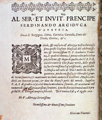 Sida med dedikation till Ferdinand av Österrike i musikmusik av symfonier av Ludovico Viadana av Unknown artist