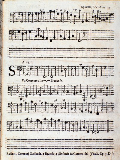 Sida med partitur av Baletter, franska strömningar opus 3 av Giovanni Battista Vitali av Unknown artist