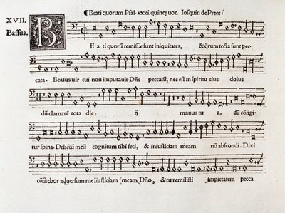 Sida med partitur av Beati kvorumpsalm XIII av Willaert (1538) av Unknown artist