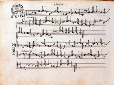 Sida med partitur av Harmonice Musices Odhecaton av Ottaviano Petrucci (1501) av Unknown artist