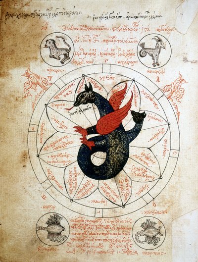 Sida i manuskriptet "Astrology Tablets and Cabalistics", avhandling om astrologi från 1300-talet. av Unknown artist