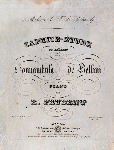 Sida med noterna till en Caprice-studie för piano av Emile Prudent baserad på La sonnambula av Vincenzo Bellini av Unknown artist